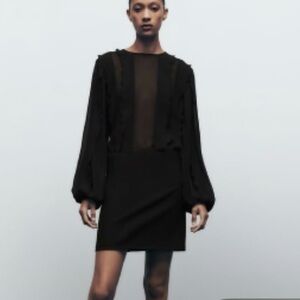 Zara Short Ruffle Dress, Sheer Black Long Sleeve, Parties, Dance, Cocktails, M